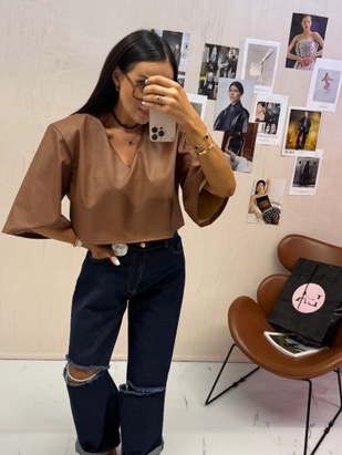 T-shirt pudełkowy Milo ekoskóra LaMilla karmel