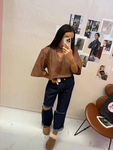 T-shirt pudełkowy Milo ekoskóra LaMilla karmel